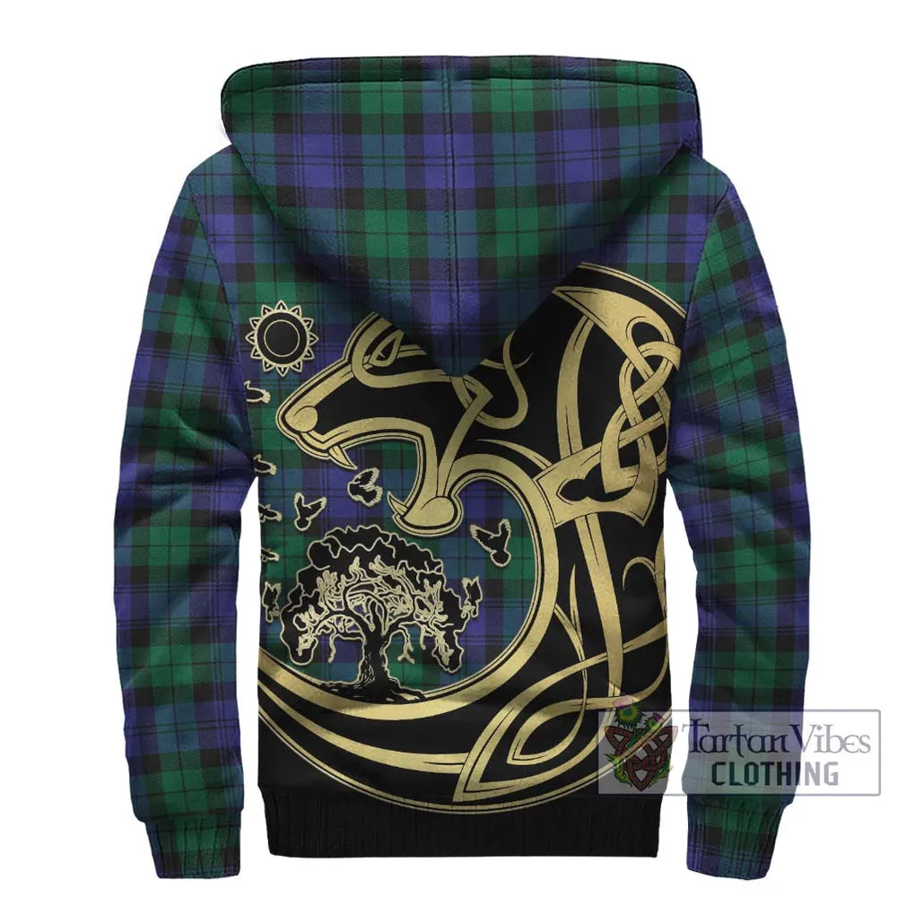 Black Watch Modern Tartan Sherpa Hoodie with Family Crest Celtic Wolf Style