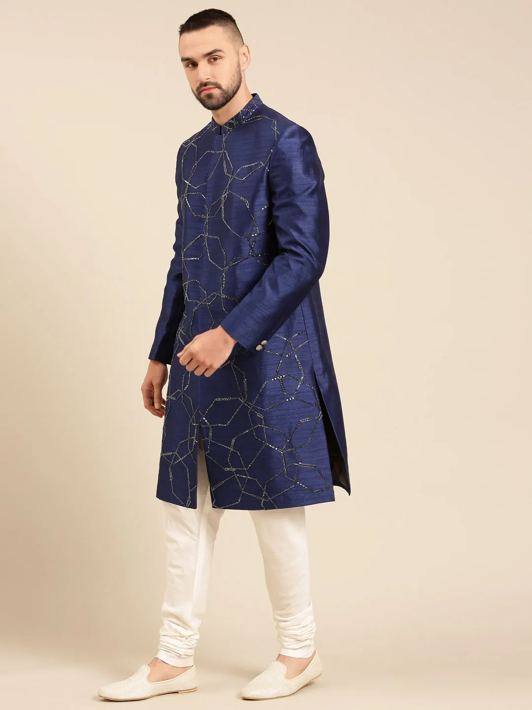 Blue Silk Jacquard Designer Sherwani for Men - MMSHR045