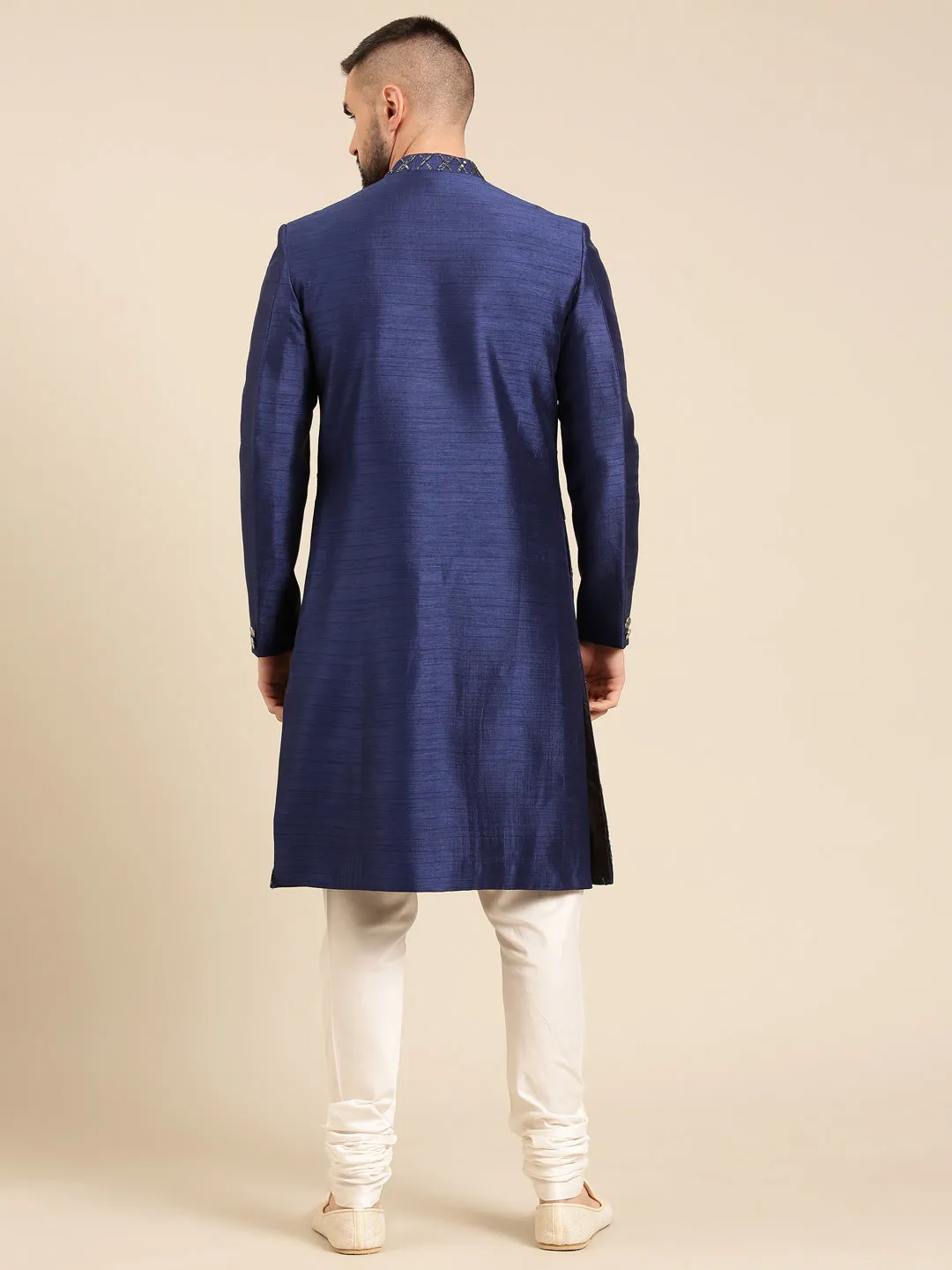 Blue Silk Jacquard Designer Sherwani for Men - MMSHR045