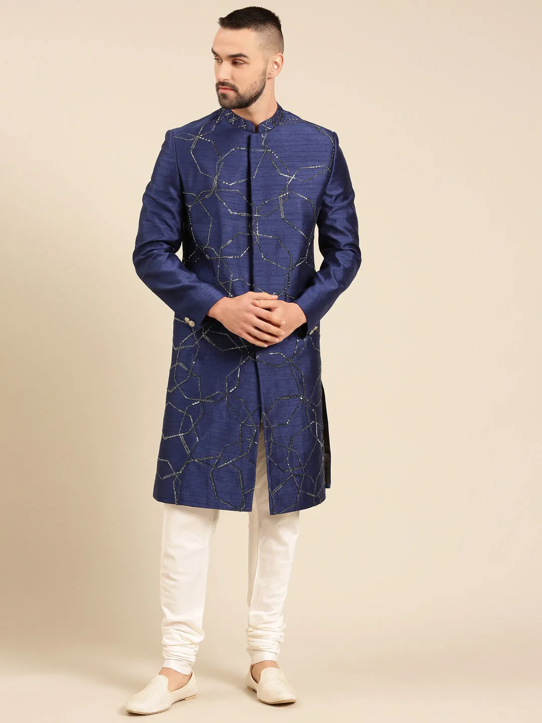 Blue Silk Jacquard Designer Sherwani for Men - MMSHR045