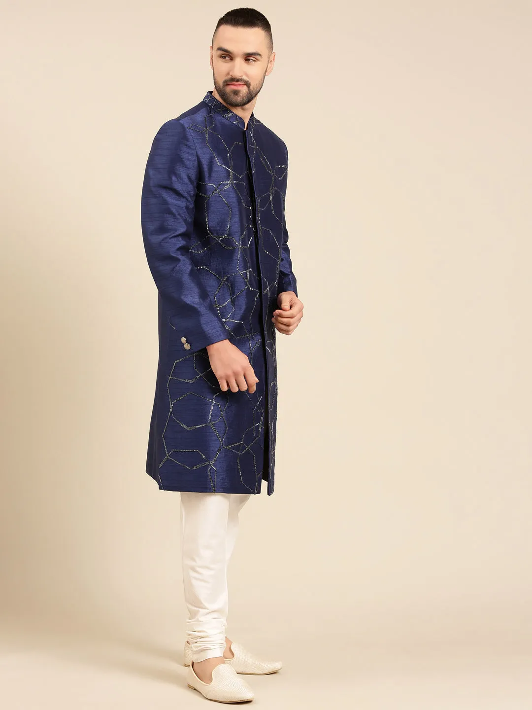 Blue Silk Jacquard Designer Sherwani for Men - MMSHR045