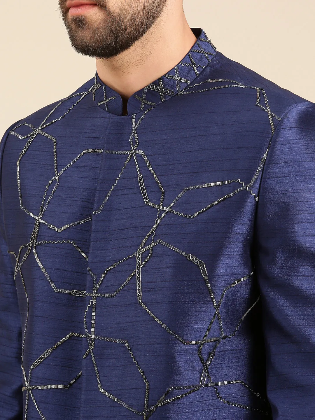 Blue Silk Jacquard Designer Sherwani for Men - MMSHR045