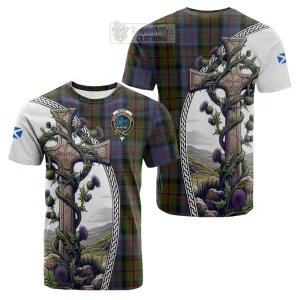 Bowie Tartan Cotton T-shirt with Family Crest and St. Andrew's Cross Accented by Thistle Vines