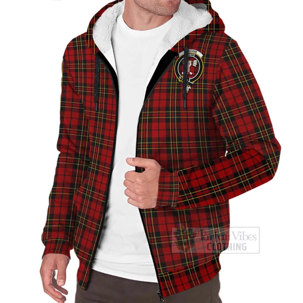 Brodie Tartan Sherpa Hoodie with Family Crest and Bearded Skull Holding Bottles of Whiskey