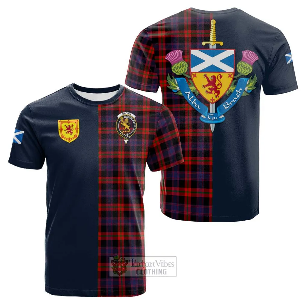 Brown (Broun) Tartan Cotton T-shirt Alba with Scottish Lion Royal Arm Half Style