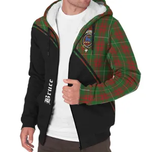 Bruce Hunting Tartan Sherpa Hoodie with Family Crest Curve Style