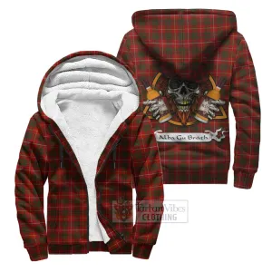 Bruce Tartan Sherpa Hoodie with Family Crest and Bearded Skull Holding Bottles of Whiskey