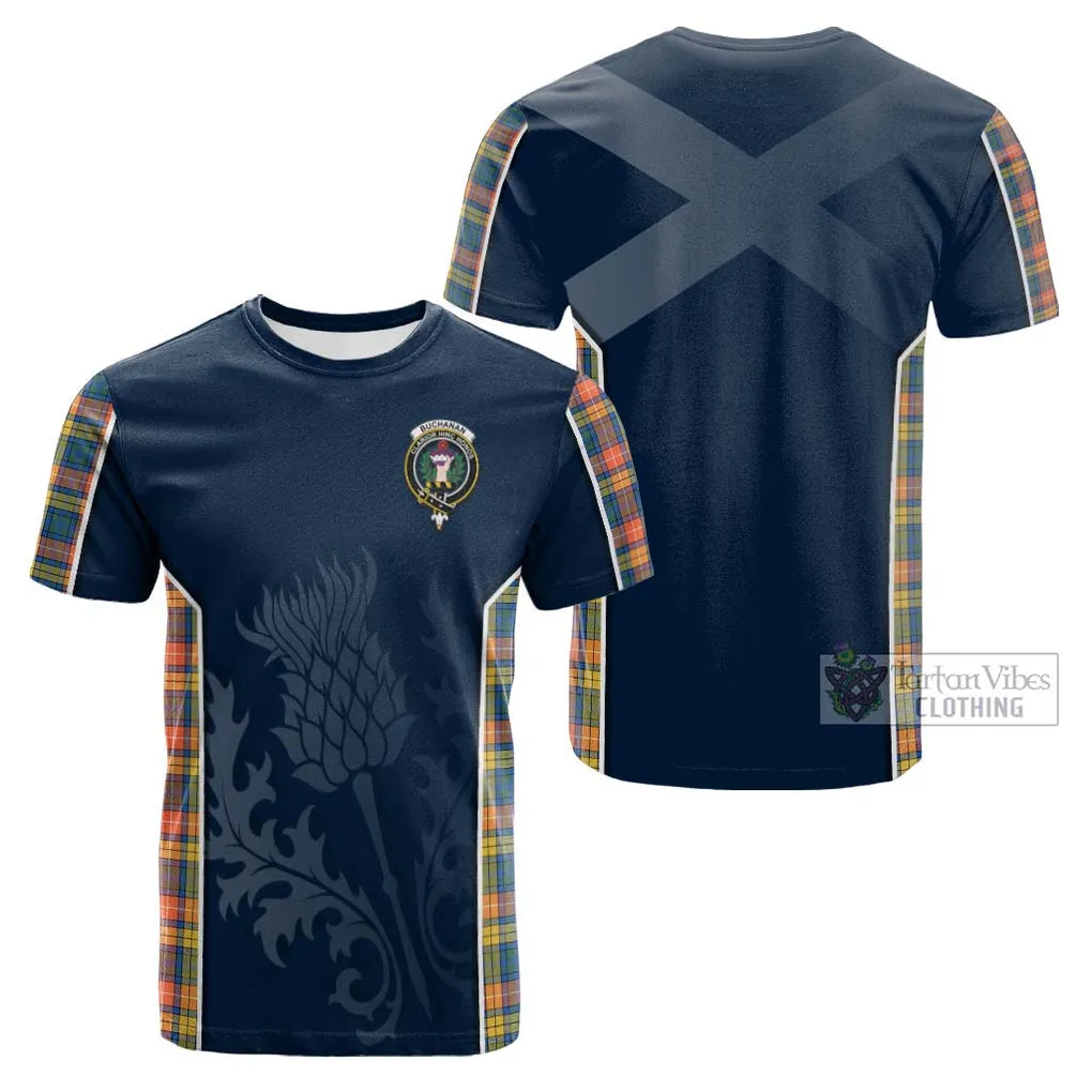 Buchanan Ancient Tartan Cotton T-shirt with Family Crest and Scottish Thistle Vibes Sport Style