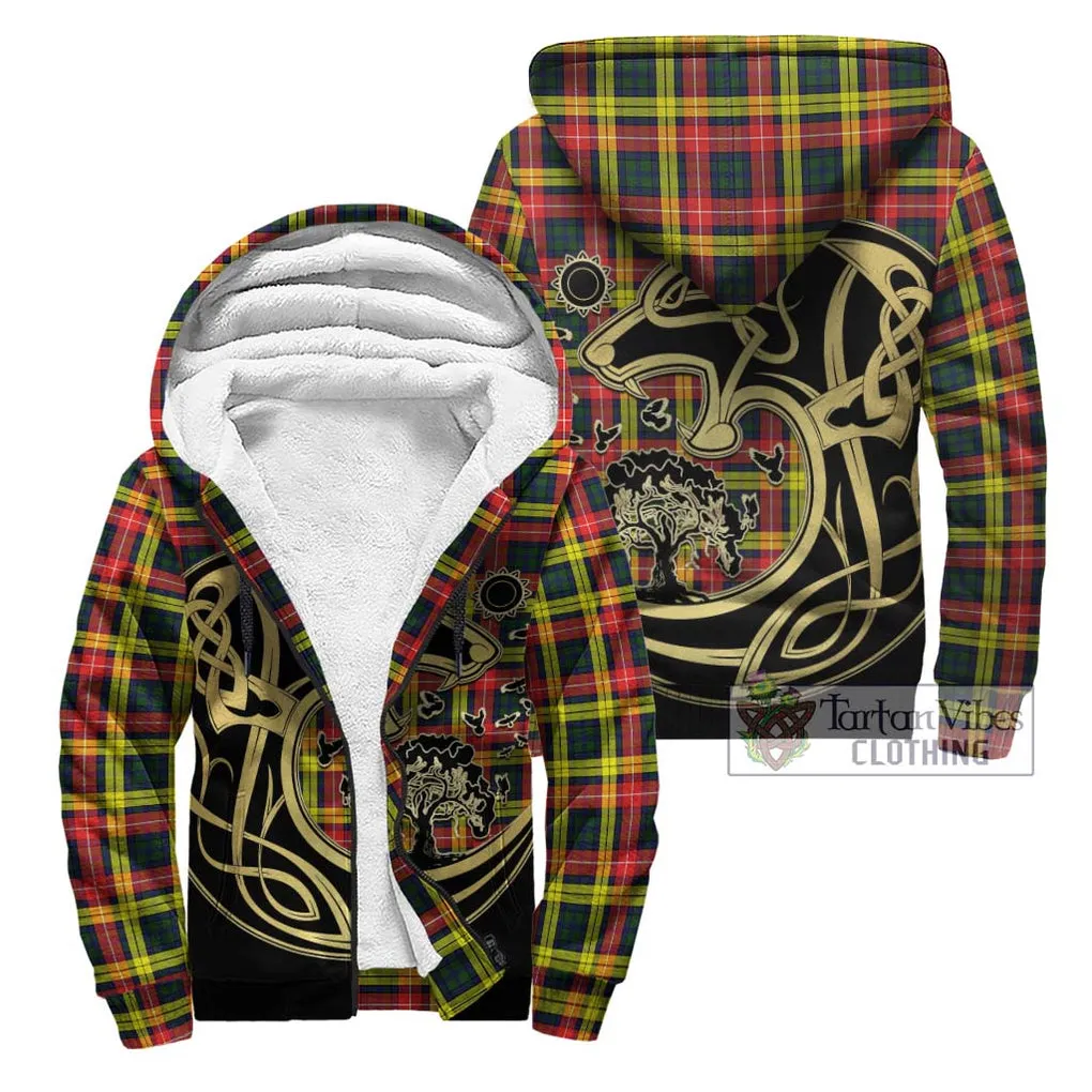 Buchanan Modern Tartan Sherpa Hoodie with Family Crest Celtic Wolf Style