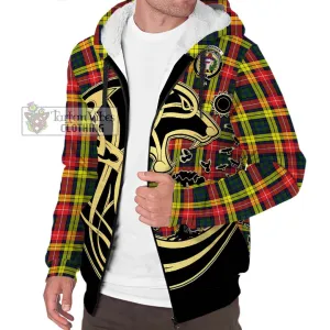 Buchanan Modern Tartan Sherpa Hoodie with Family Crest Celtic Wolf Style