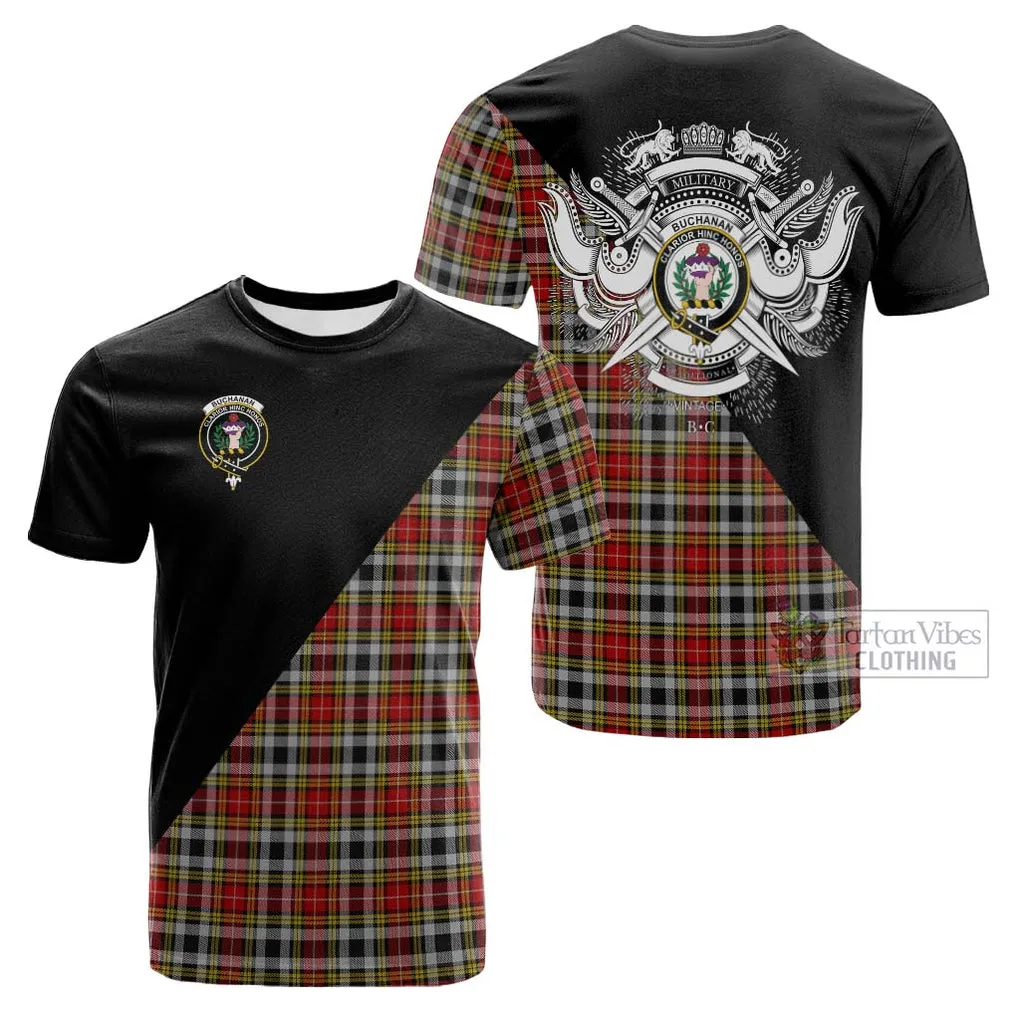 Buchanan Old Dress Tartan Cotton T-shirt with Family Crest and Military Logo Style