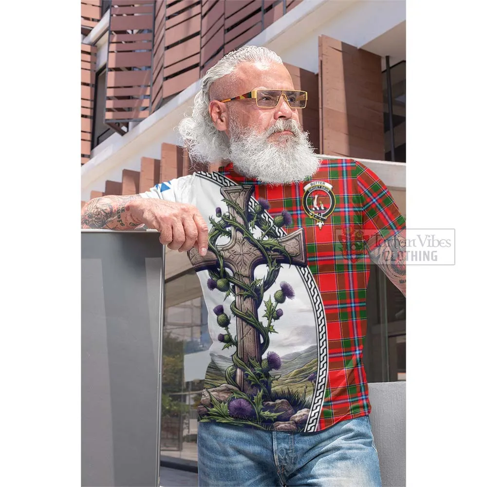 Butter Tartan Cotton T-shirt with Family Crest and St. Andrew's Cross Accented by Thistle Vines