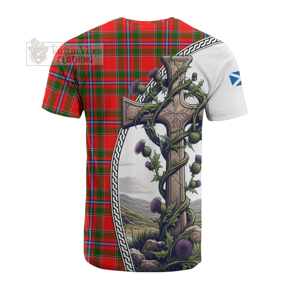 Butter Tartan Cotton T-shirt with Family Crest and St. Andrew's Cross Accented by Thistle Vines