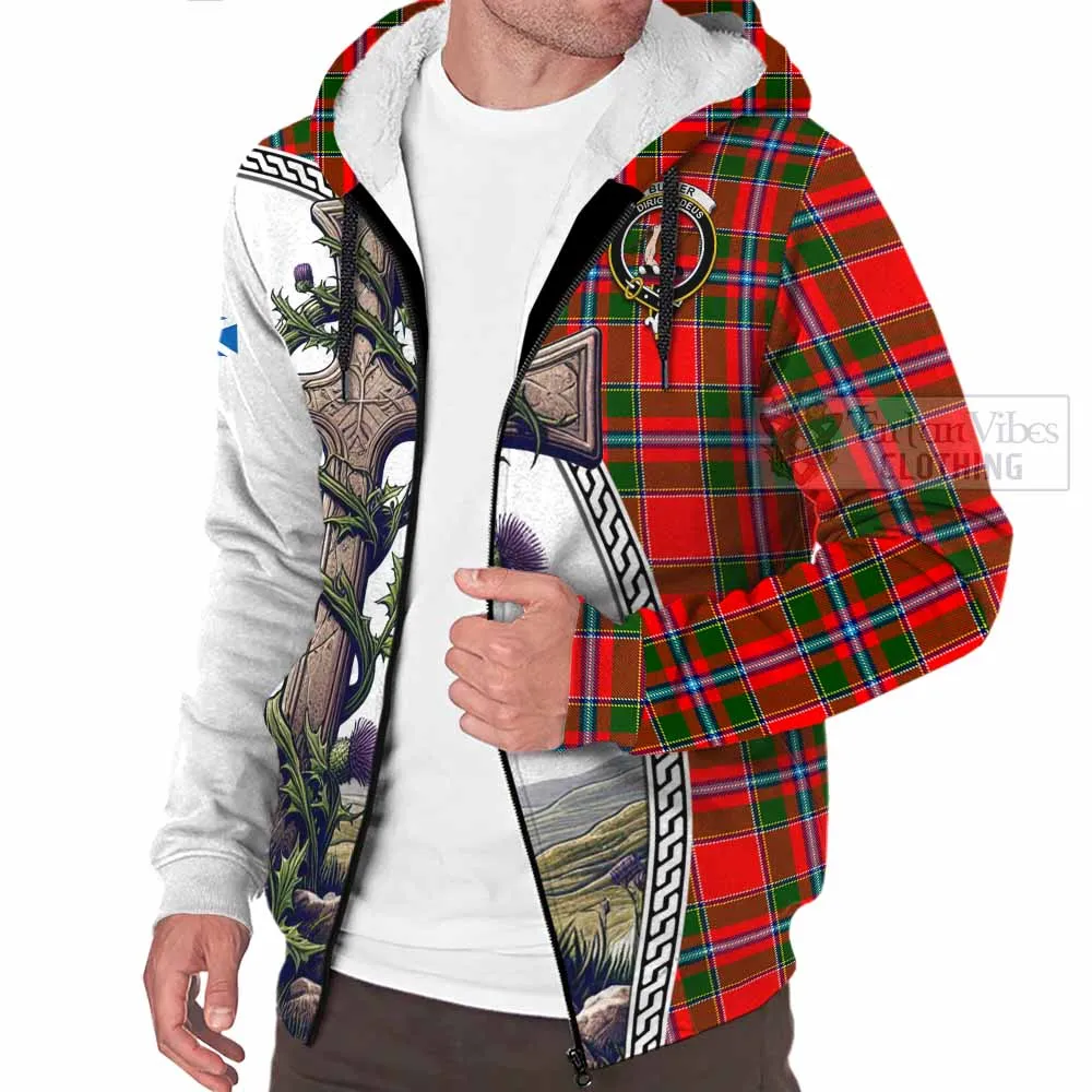 Butter Tartan Sherpa Hoodie with Family Crest and St. Andrew's Cross Accented by Thistle Vines