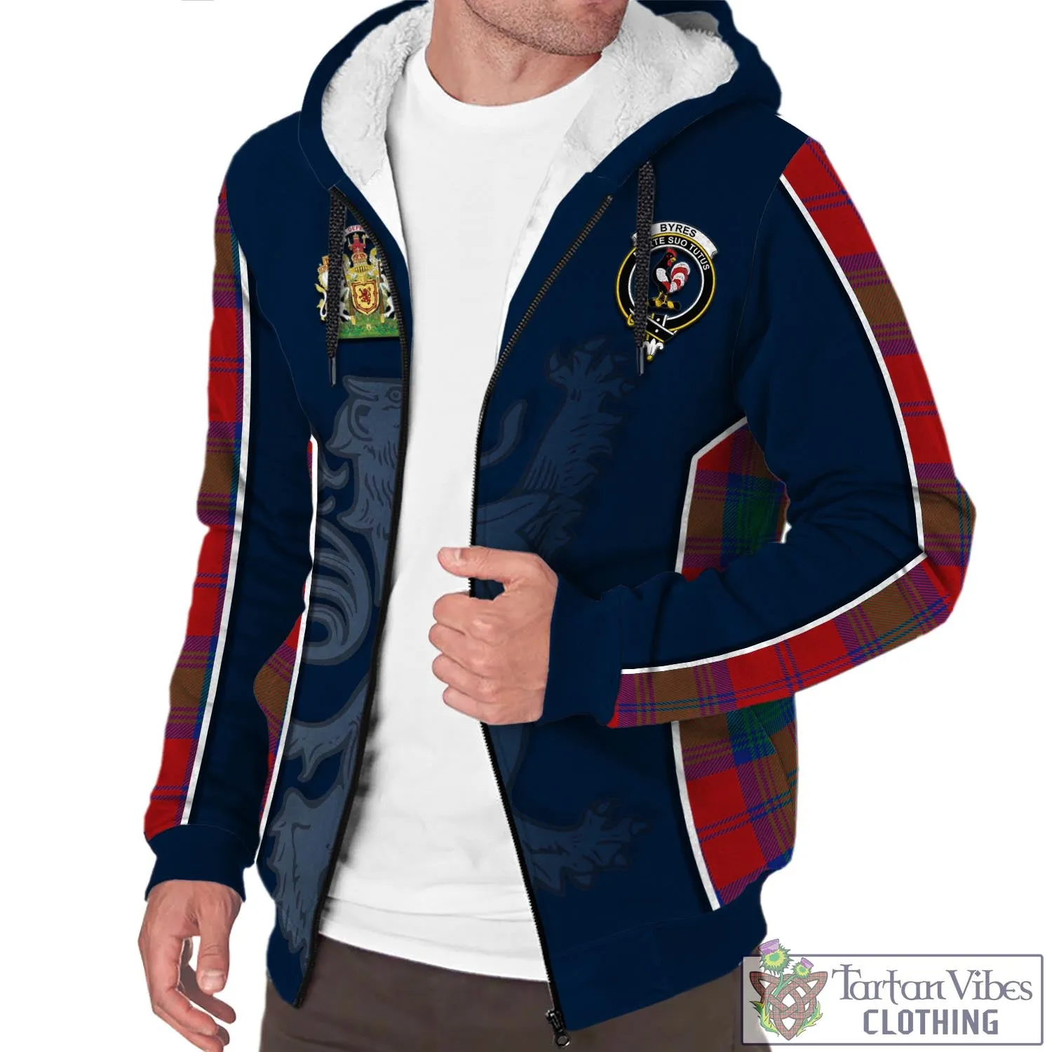 Byres (Byses) Tartan Sherpa Hoodie with Family Crest and Lion Rampant Vibes Sport Style