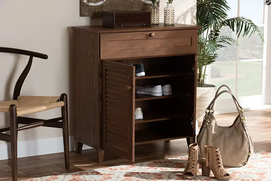 Clevedon Walnut Finished 4-Shelf Wood Shoe Storage Cabinet w/Drawer