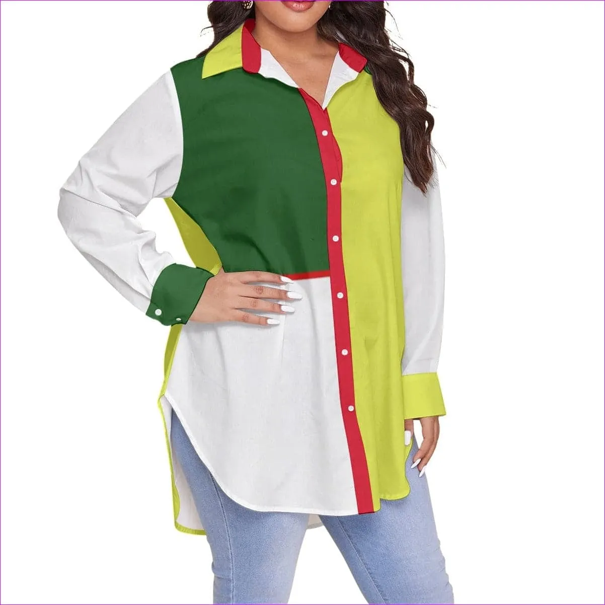 Color Block Astute Womens Button-Up Shirt Voluptuous ( ) Plus Size