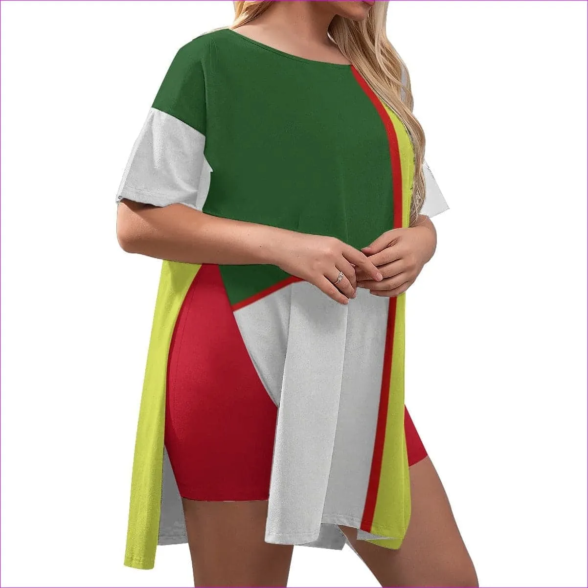 Color Block Astute Womens Drop-Shoulder T-Shirt with Side Split and Shorts Voluptuous ( )Plus Size