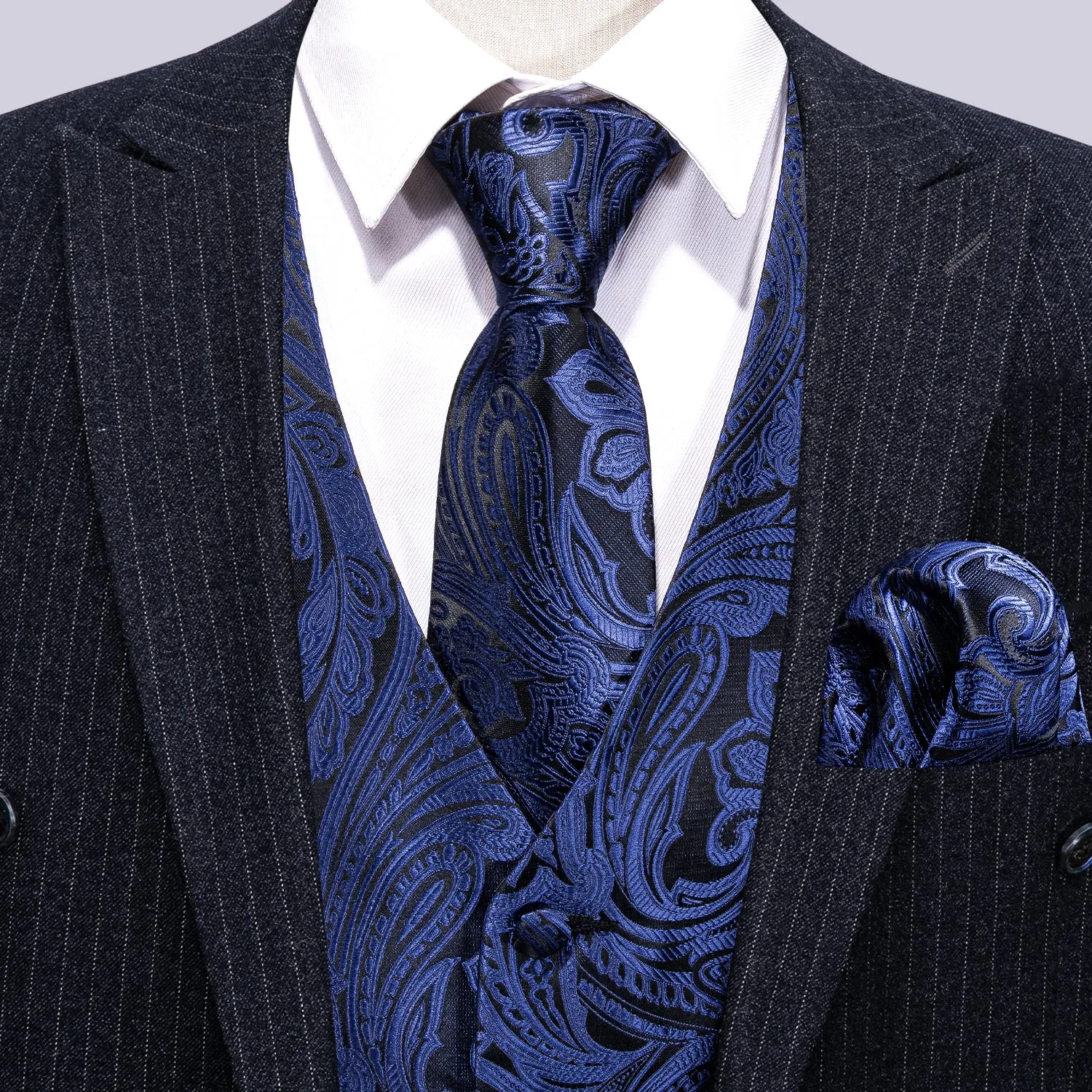 Deep Blue Paisley Jacquard Silk Men's Vest Hanky Cufflinks Tie Set