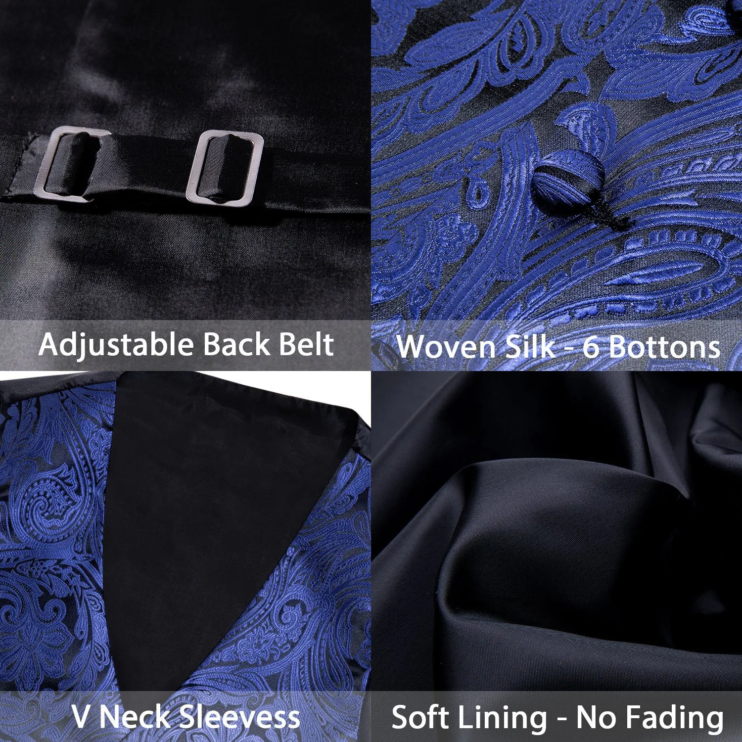 Deep Blue Paisley Jacquard Silk Men's Vest Hanky Cufflinks Tie Set