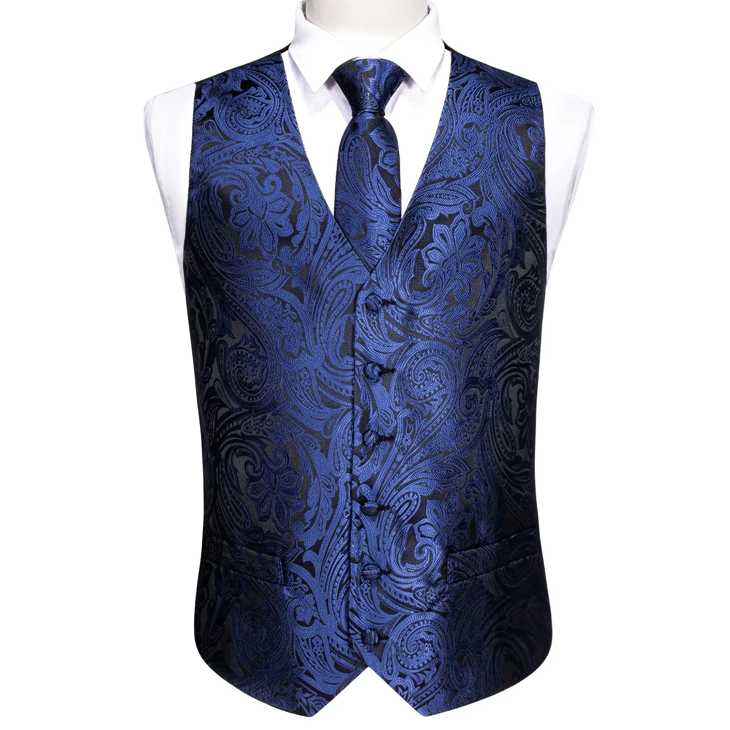 Deep Blue Paisley Jacquard Silk Men's Vest Hanky Cufflinks Tie Set