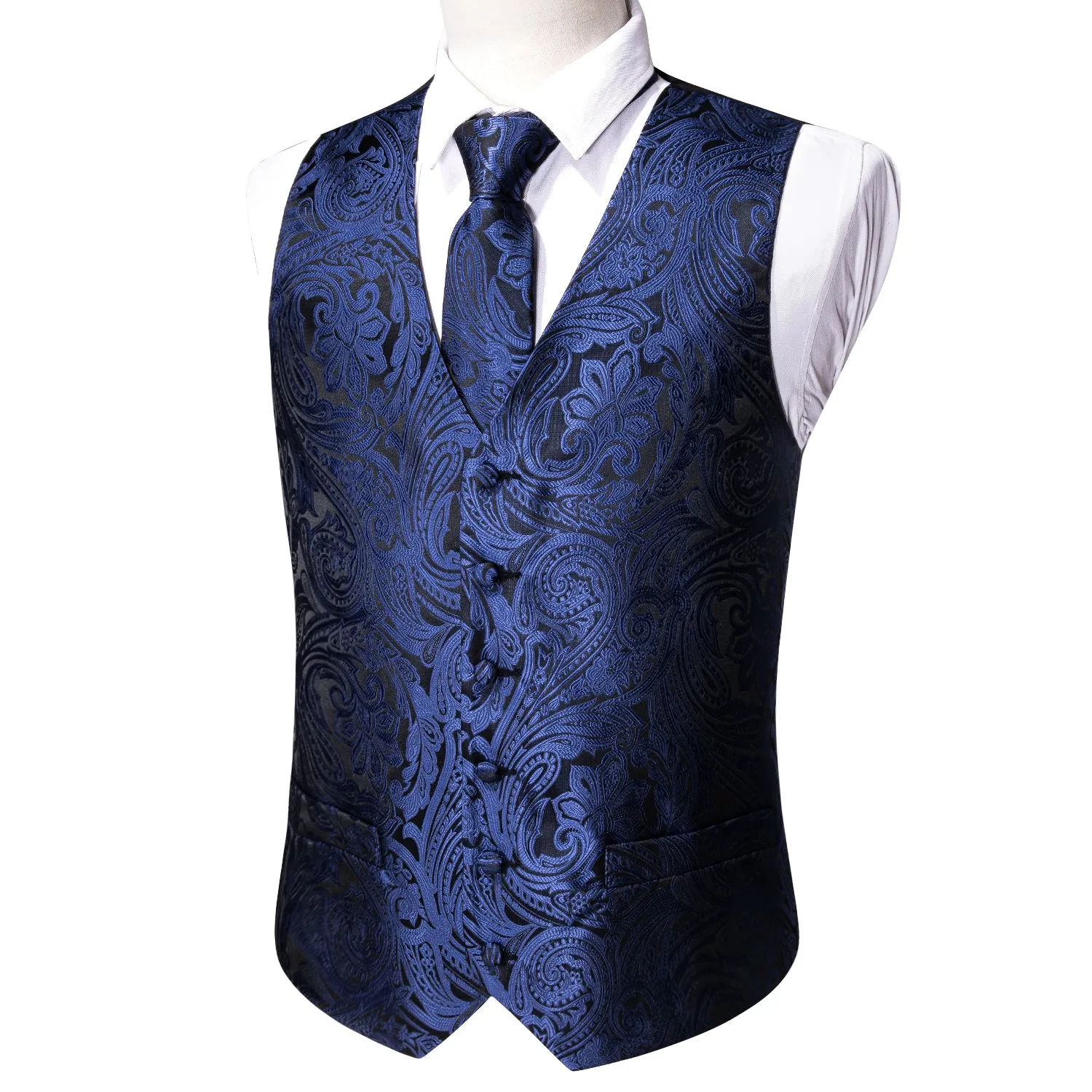 Deep Blue Paisley Jacquard Silk Men's Vest Hanky Cufflinks Tie Set