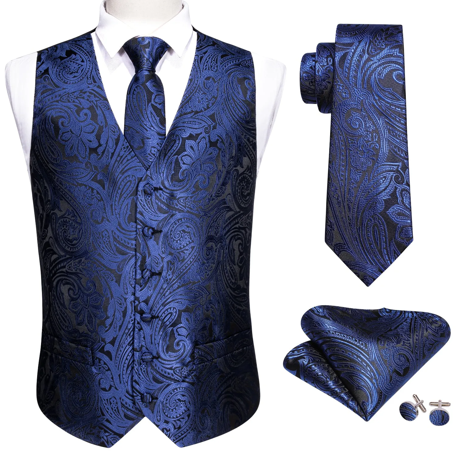 Deep Blue Paisley Jacquard Silk Men's Vest Hanky Cufflinks Tie Set