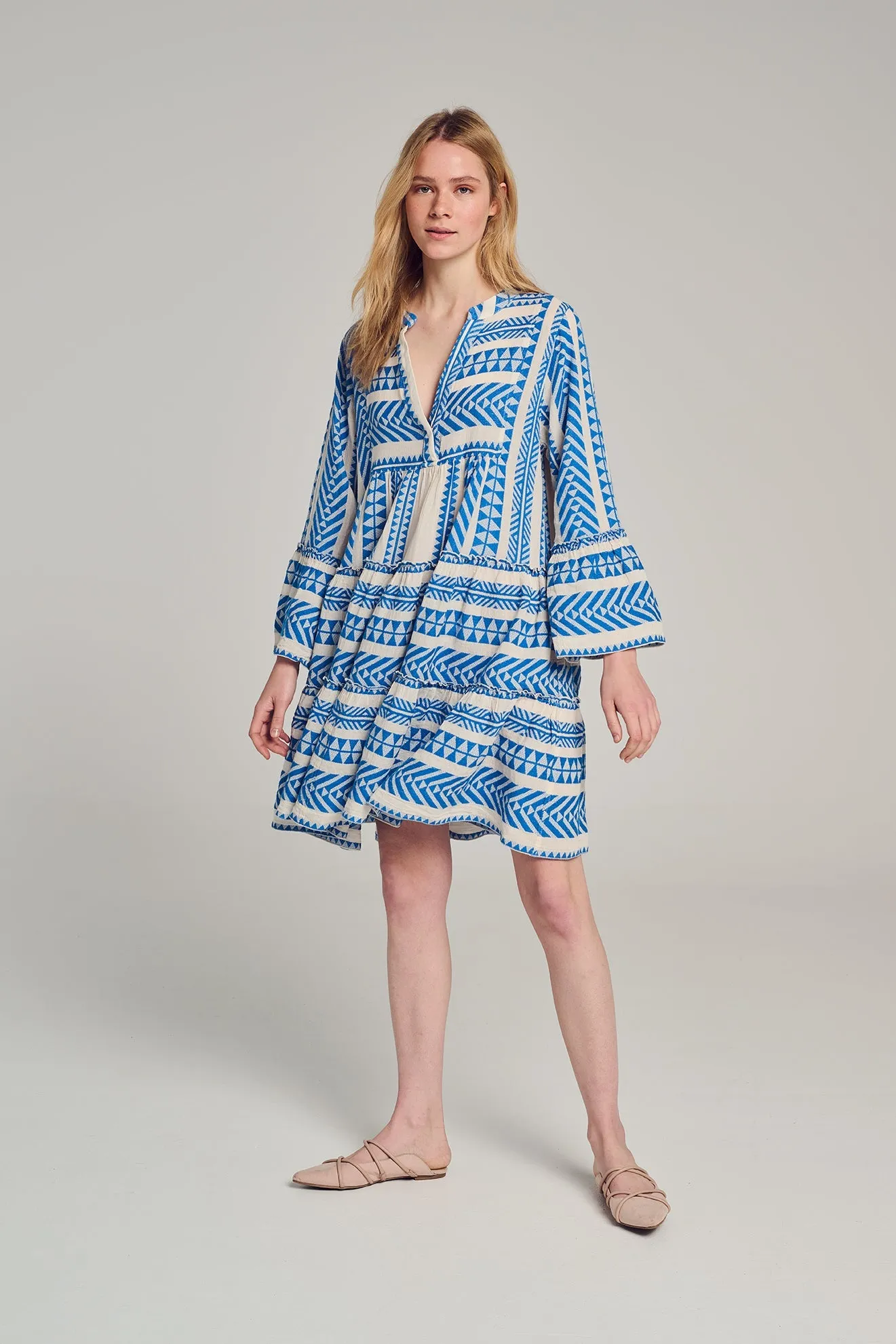 Devotion Twins Ella Dress Short  | Blue/Off White Cotton Dress | Clearance Final Sale