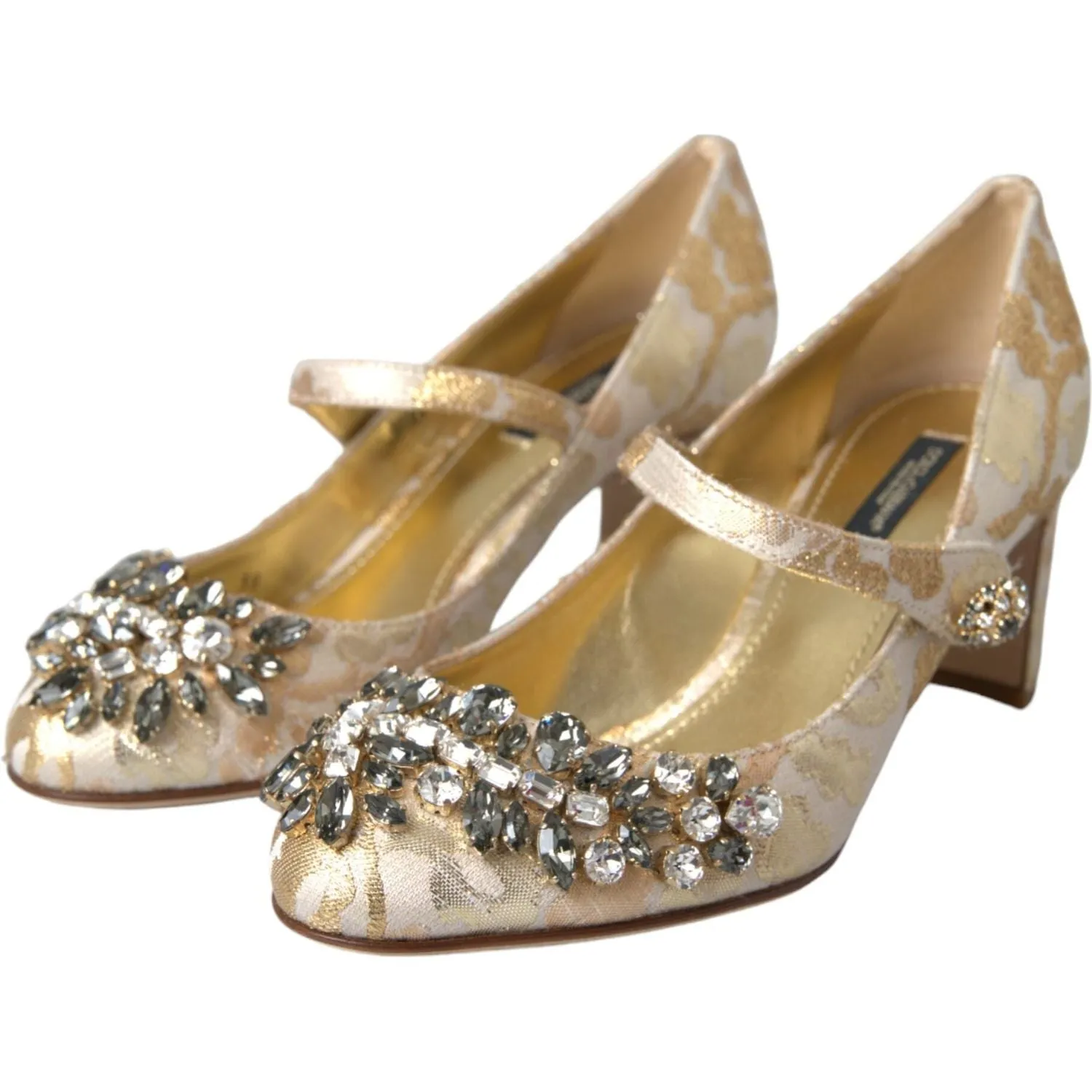 Dolce & Gabbana Gold Jacquard Crystal Mary Janes Pumps Shoes