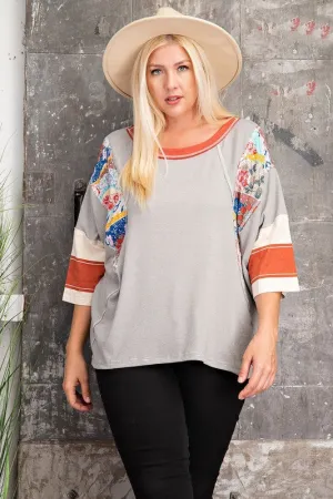 Easel Pin Stripe Top with Mixed Print Design in Heather Grey