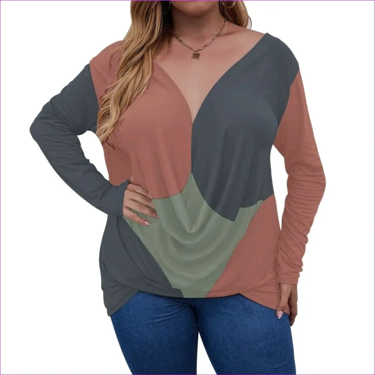 Eclectic Womens V-neck Plus Draped Longline Top With Long Sleeves Voluptuous ( ) Plus Size