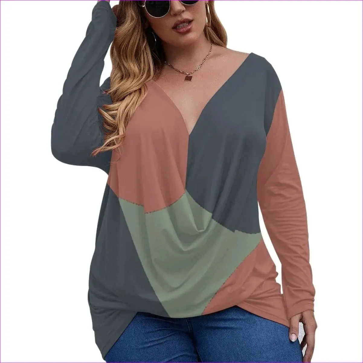 Eclectic Womens V-neck Plus Draped Longline Top With Long Sleeves Voluptuous ( ) Plus Size