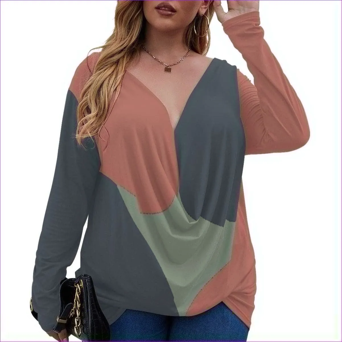 Eclectic Womens V-neck Plus Draped Longline Top With Long Sleeves Voluptuous ( ) Plus Size