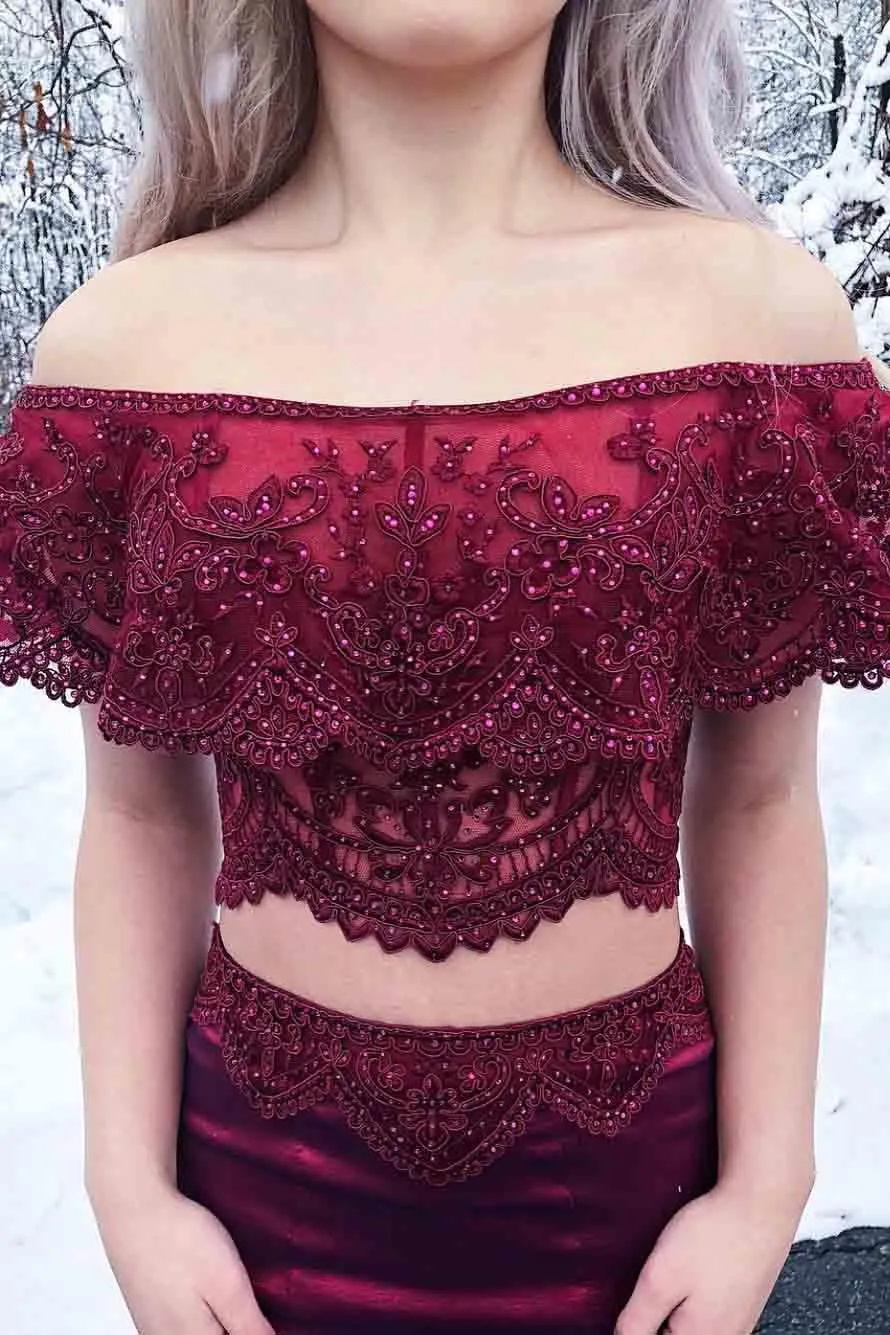 Eleagnt Two Piece Off the Shoulder Mermaid Burgundy Long Prom Dress PM240