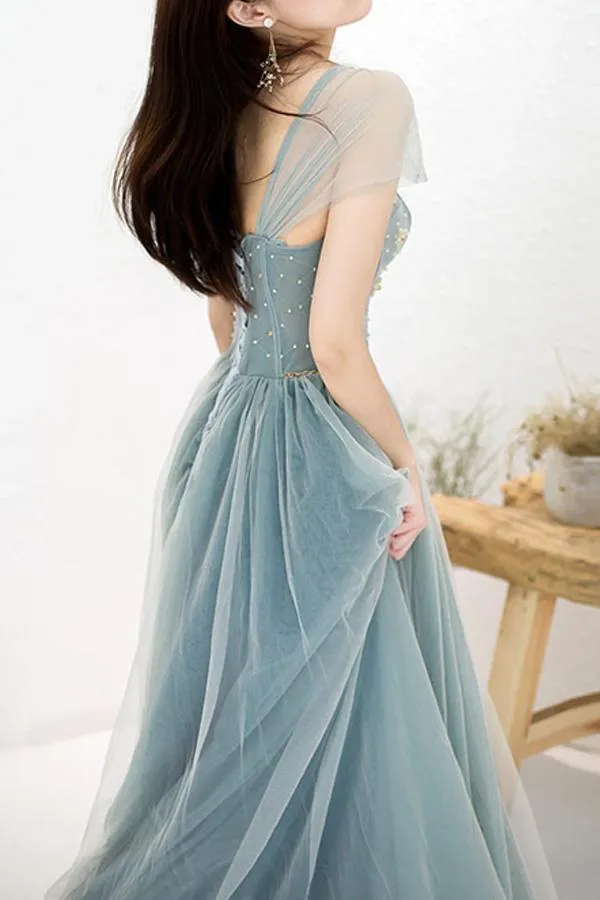 Elegant Off Shoulder A-Line Beaded Long Prom Dress with Appliques PSK183