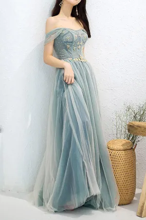 Elegant Off Shoulder A-Line Beaded Long Prom Dress with Appliques PSK183