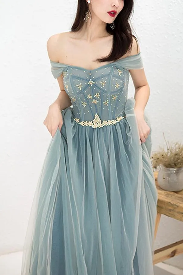 Elegant Off Shoulder A-Line Beaded Long Prom Dress with Appliques PSK183