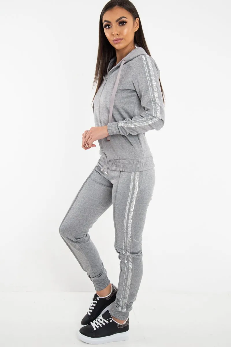 Grey Glitter Side Stripe Crepe Tracksuit - Gionna