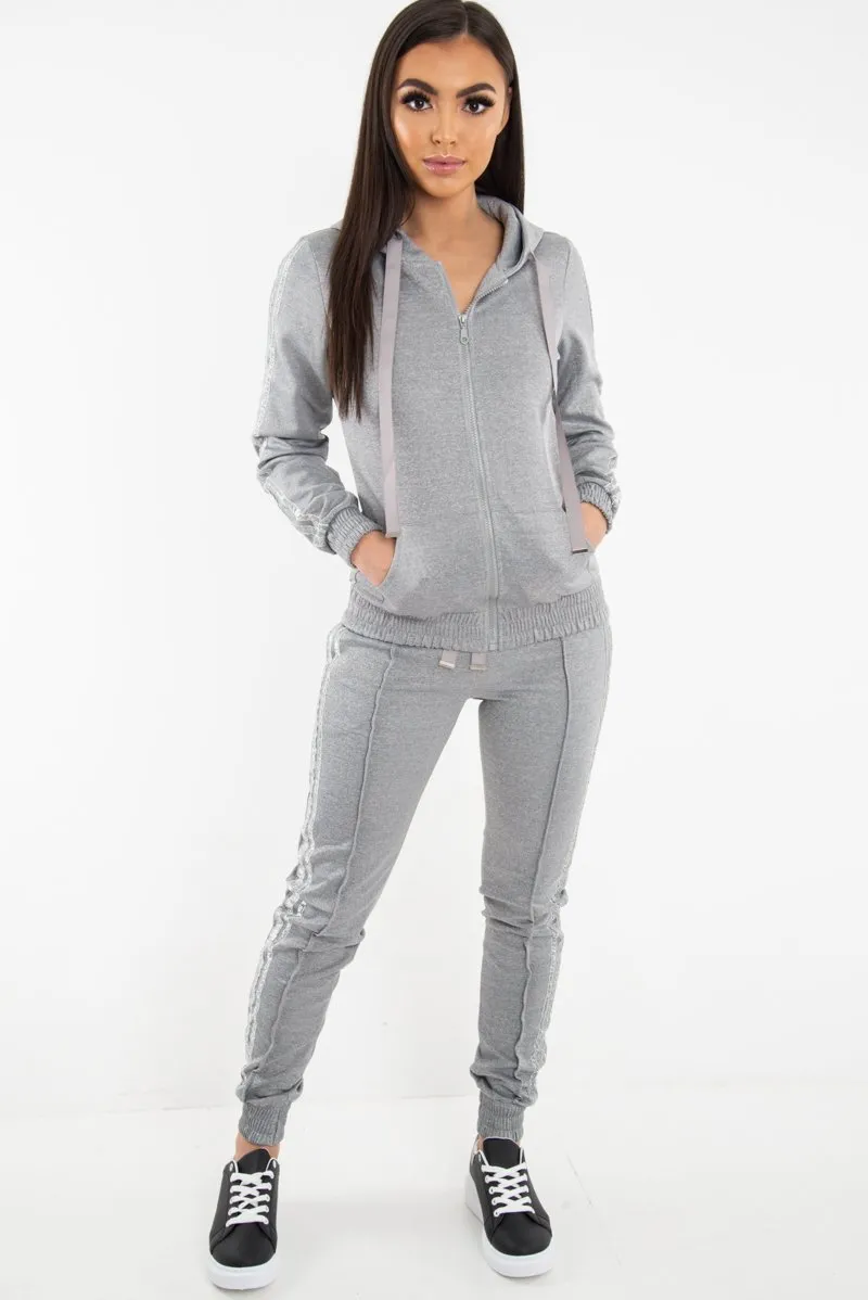 Grey Glitter Side Stripe Crepe Tracksuit - Gionna