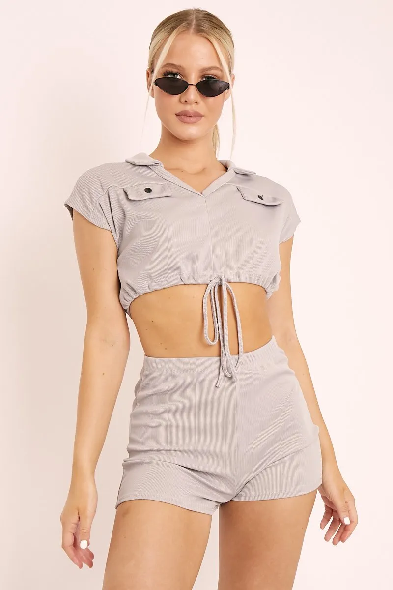 Grey Ribbed Tie Front Crop Top and Shorts Loungewear Co-ord  - Teddie