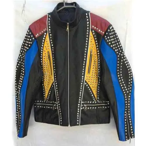 Handmade Men Multi Color Biker Jackets, Real Leather Studded Jackets For Men's