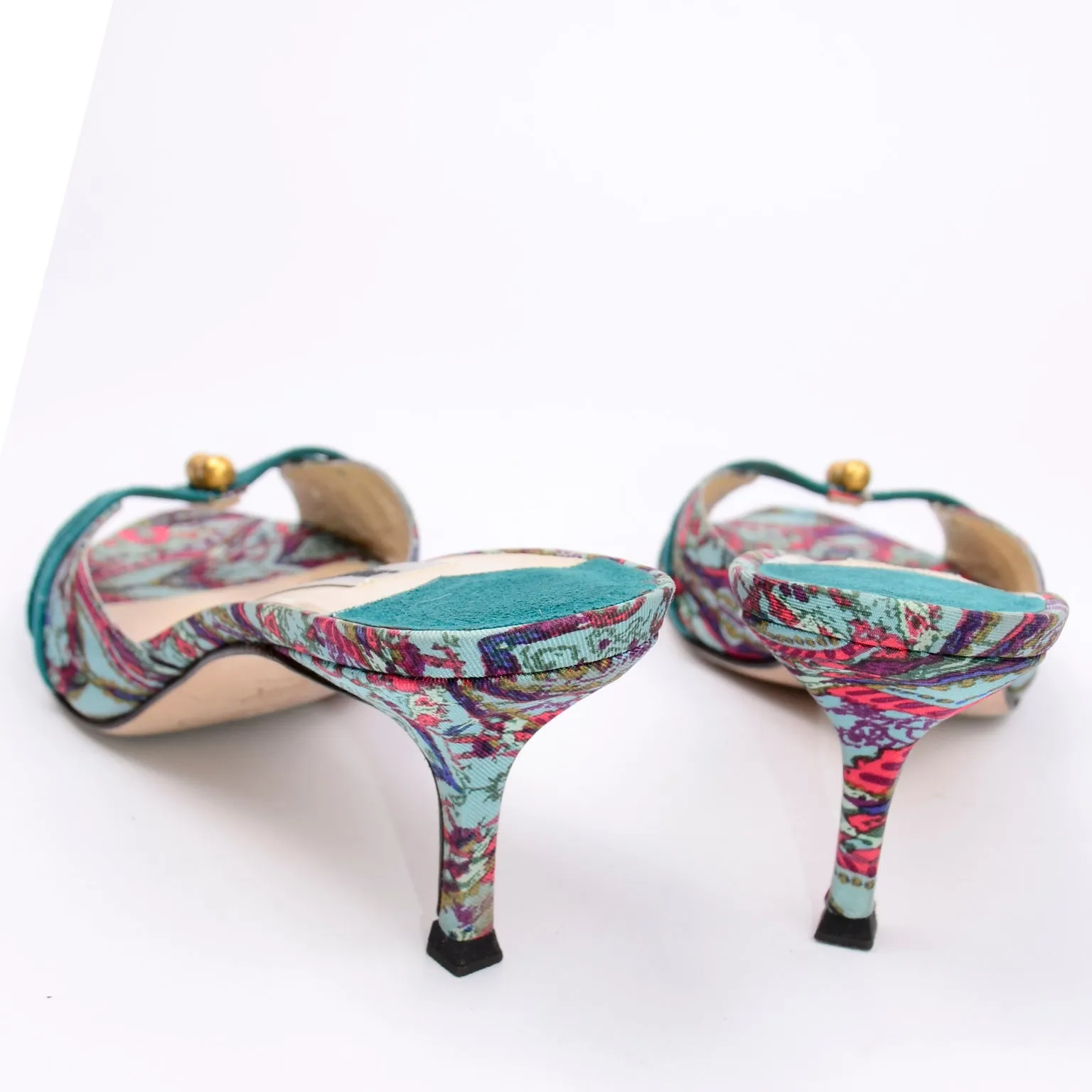 Jimmy Choo Turquoise & Pink Floral Heeled Sandals w/ Gold Beads 6.5