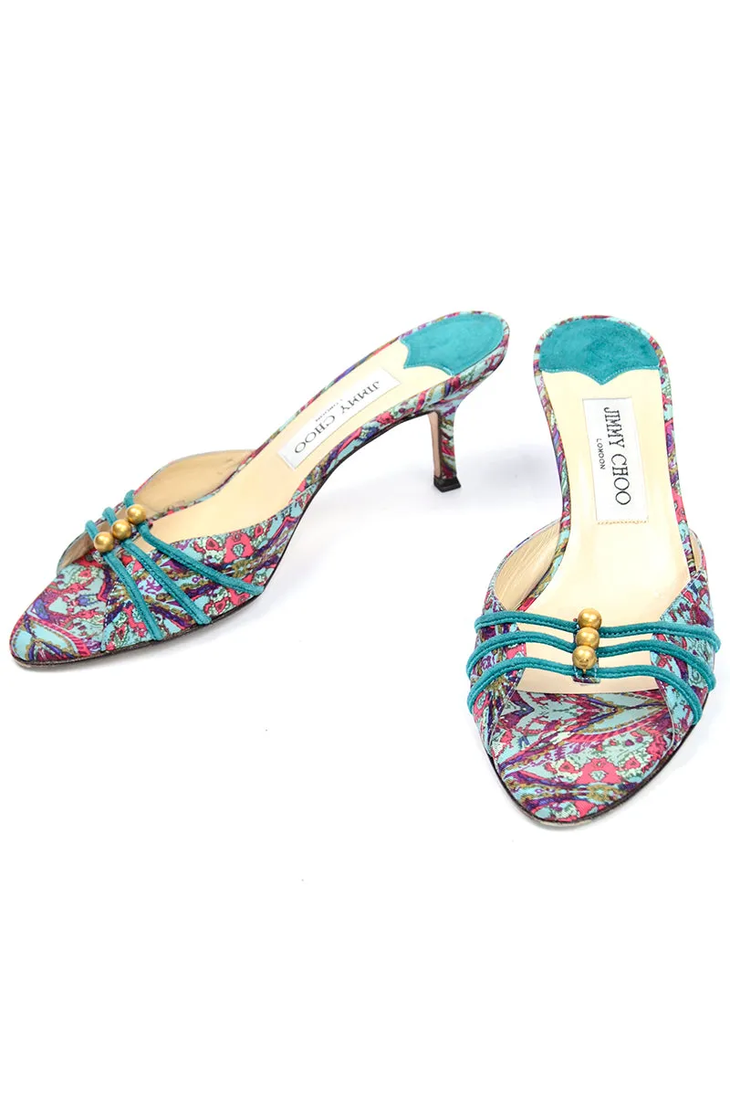 Jimmy Choo Turquoise & Pink Floral Heeled Sandals w/ Gold Beads 6.5