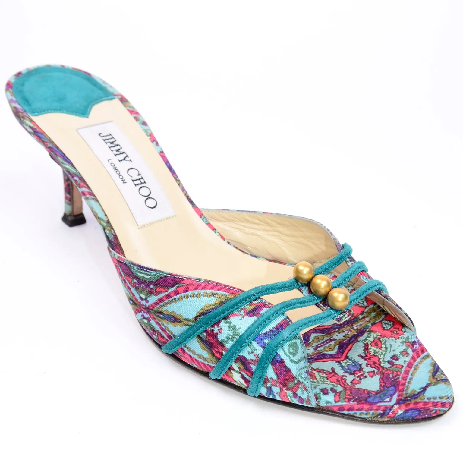 Jimmy Choo Turquoise & Pink Floral Heeled Sandals w/ Gold Beads 6.5