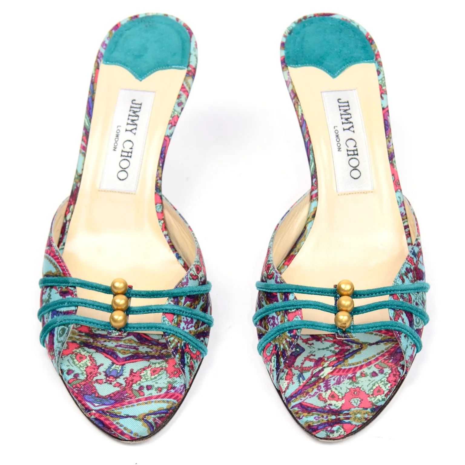 Jimmy Choo Turquoise & Pink Floral Heeled Sandals w/ Gold Beads 6.5