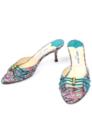 Jimmy Choo Turquoise & Pink Floral Heeled Sandals w/ Gold Beads 6.5