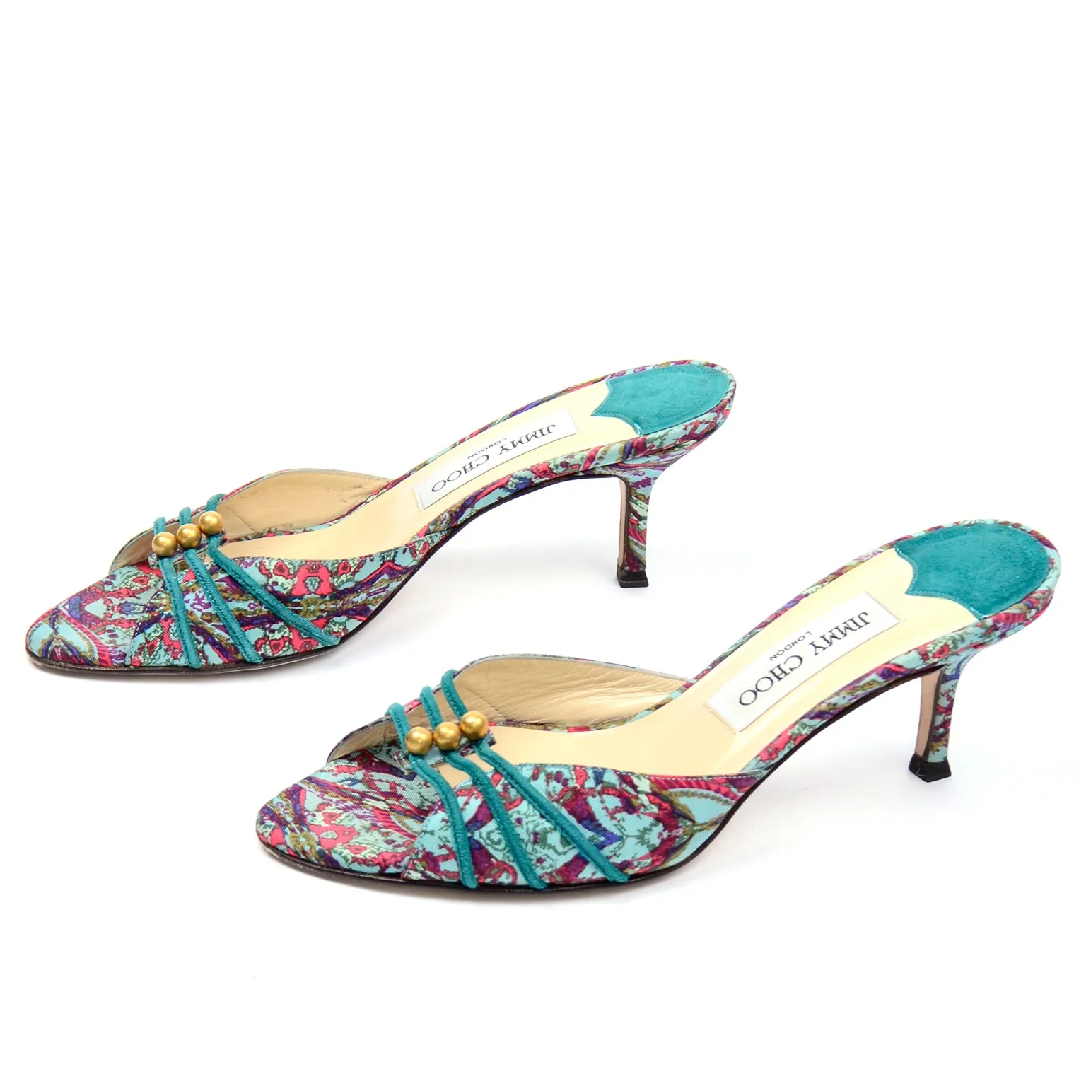 Jimmy Choo Turquoise & Pink Floral Heeled Sandals w/ Gold Beads 6.5