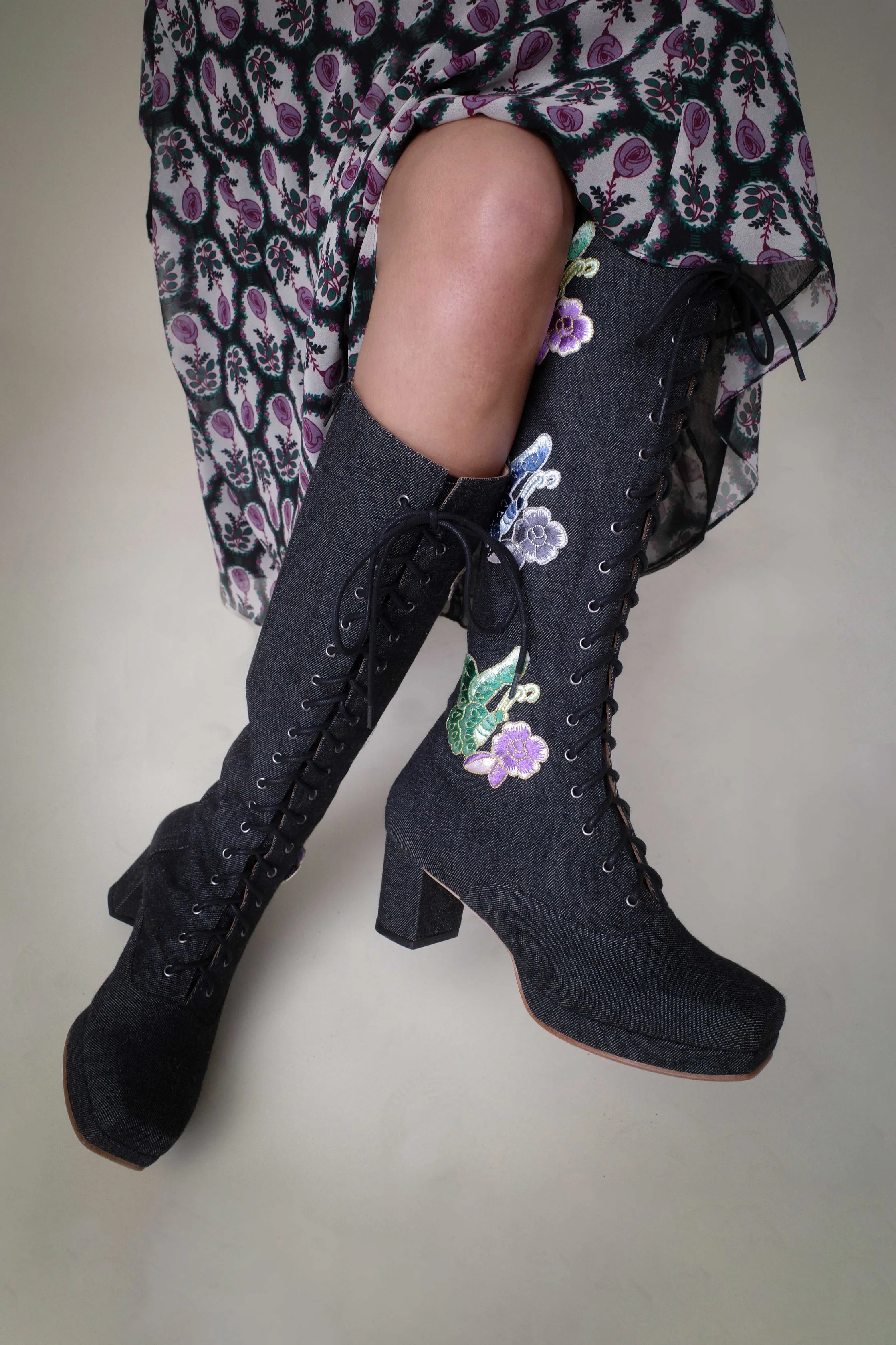 John Fluevog x Anna Sui Butterfly Boots- Black Denim