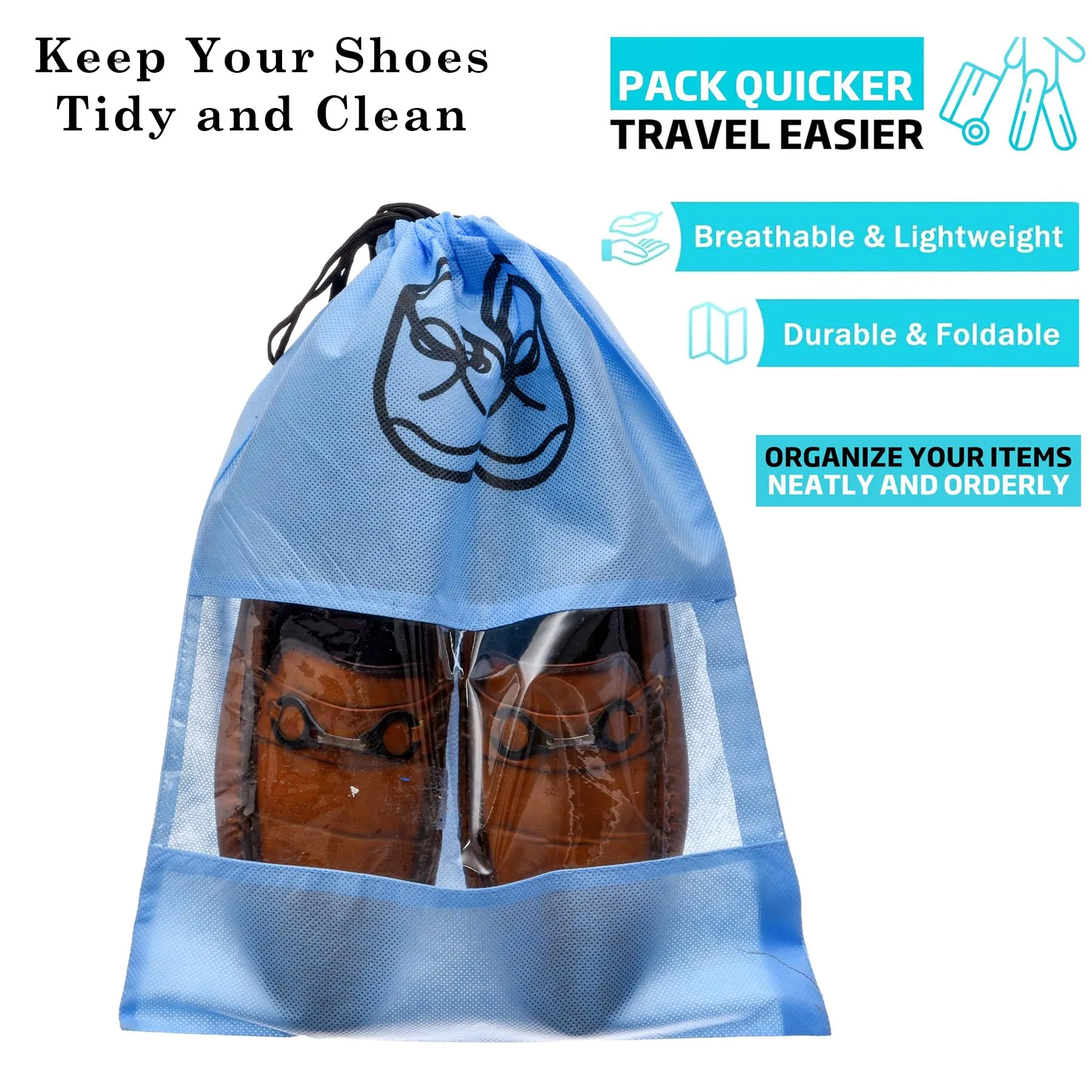 Kuber Industries Shoe Cover | Travel Shoe Storage Bags | Non-Woven Storage Bag | Shoe Cover with Drawstring | Shoe Organizer with Clear Window | Plain | Pack of 12 | Sky Blue