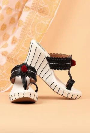 Lohini White & Black Fringed Kolhapuri One Toe Wedges